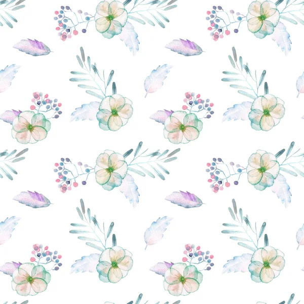 Seamless pattern with watercolor tender mint and purple flowers and plants — Stock Photo, Image