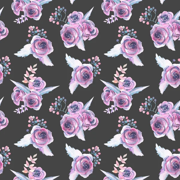 Nahtloses Muster mit Aquarell-Blumensträußen aus lila Rosen — Stockfoto