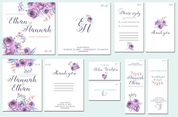 Шаблонні картки, встановлені з акварельними фіолетовими трояндами — стокове фото