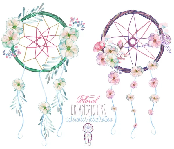 Illustration with floral dreamcatchers, hand drawn in watercolor on a white background — Stock Photo, Image