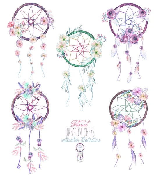 Illustration with floral dream catchers, hand drawn in watercolor on a white background — Stock Photo, Image