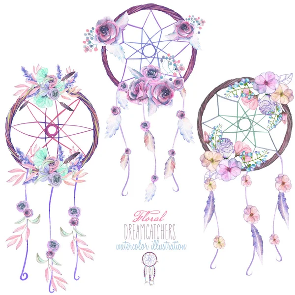 Illustration with floral dreamcatchers, hand drawn in watercolor on a white background — Stock Photo, Image