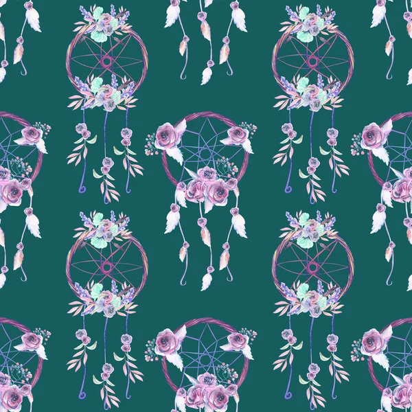 Nahtloses Muster mit floralen Traumfängern — Stockfoto