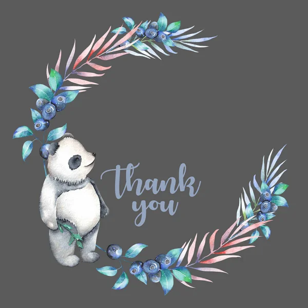 Illustration, Kranz mit Aquarell-Panda, Blaubeere und Pflanzen — Stockfoto