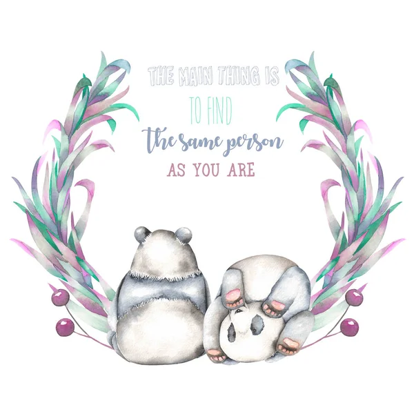 Illustration, Kranz mit zwei Aquarell-Pandas, rosa und lila Pflanzen — Stockfoto