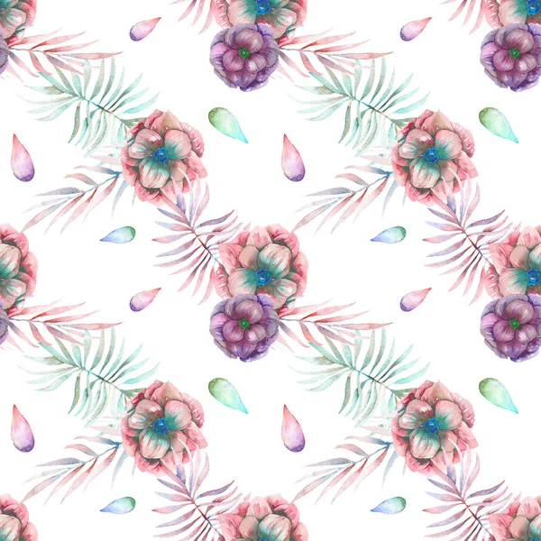 Varrat nélküli mintát a virágok-akvarell anemone és fióktelepek — Stock Fotó