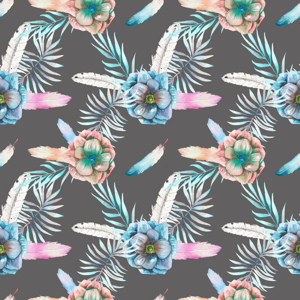 Seamless pattern with the watercolor anemone flowers, feathers and blue branches — Stock Photo, Image