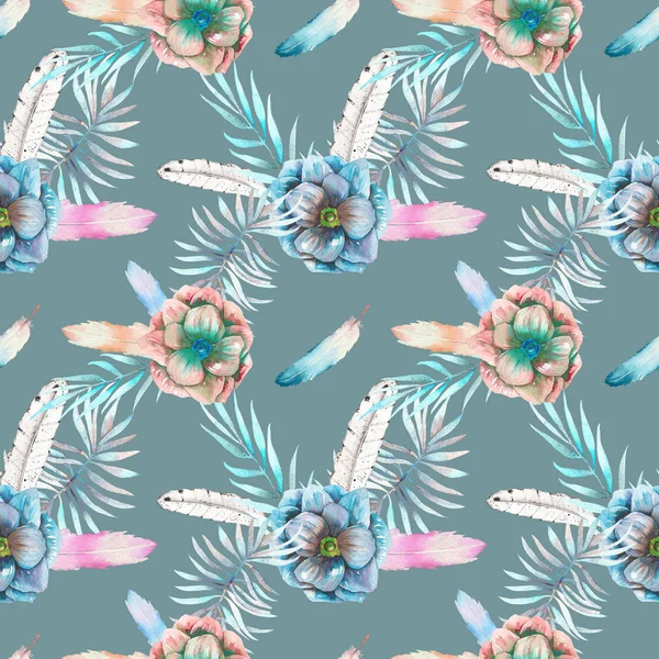 Seamless pattern with the watercolor anemone flowers, feathers and blue branches — Stock Photo, Image