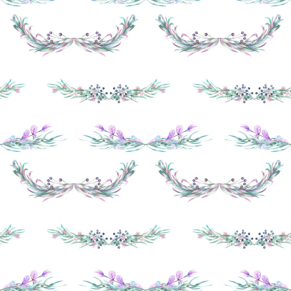 Seamless pattern with watercolor floral ornament from green and purple plants — Stock Photo, Image