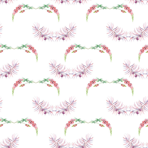 Seamless pattern with watercolor floral ornament from lupine flowers and other plants