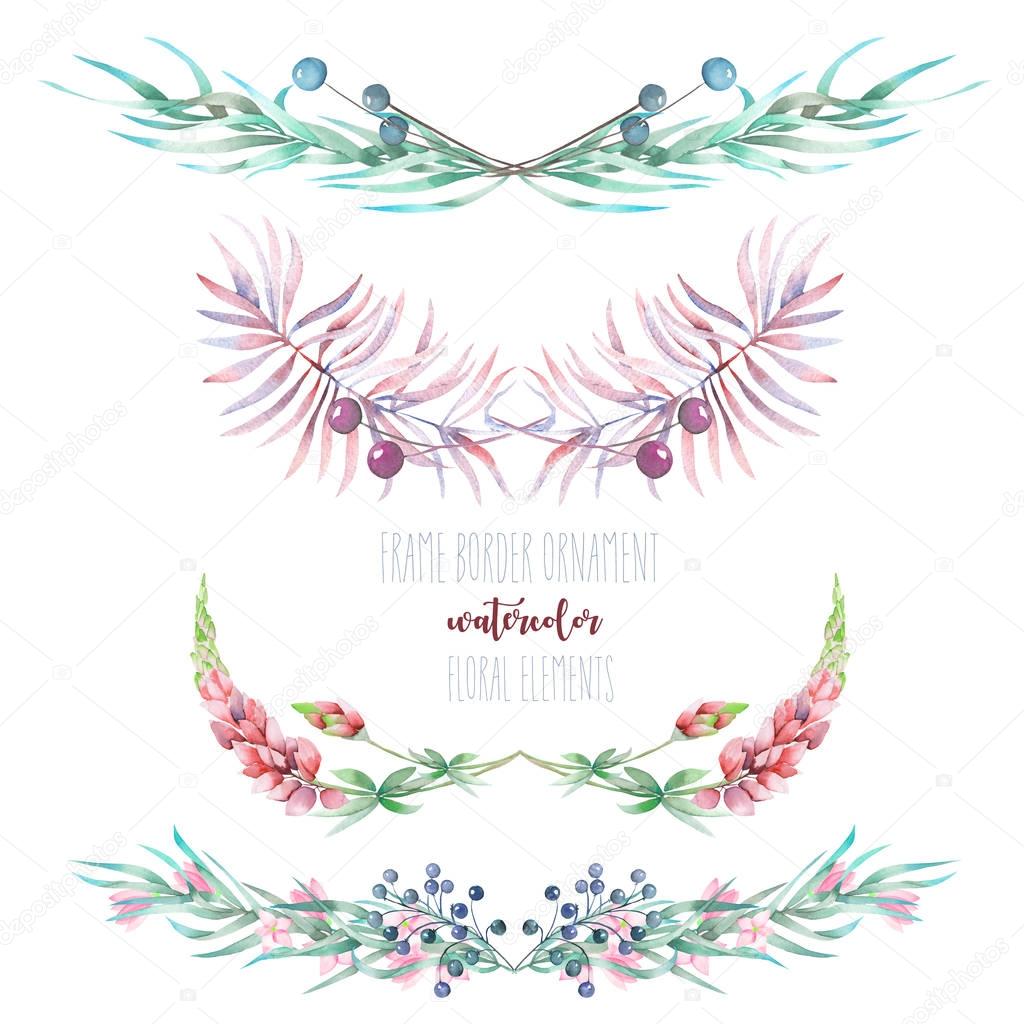 Set with isolated frame borders, floral decorative ornaments with watercolor flowers