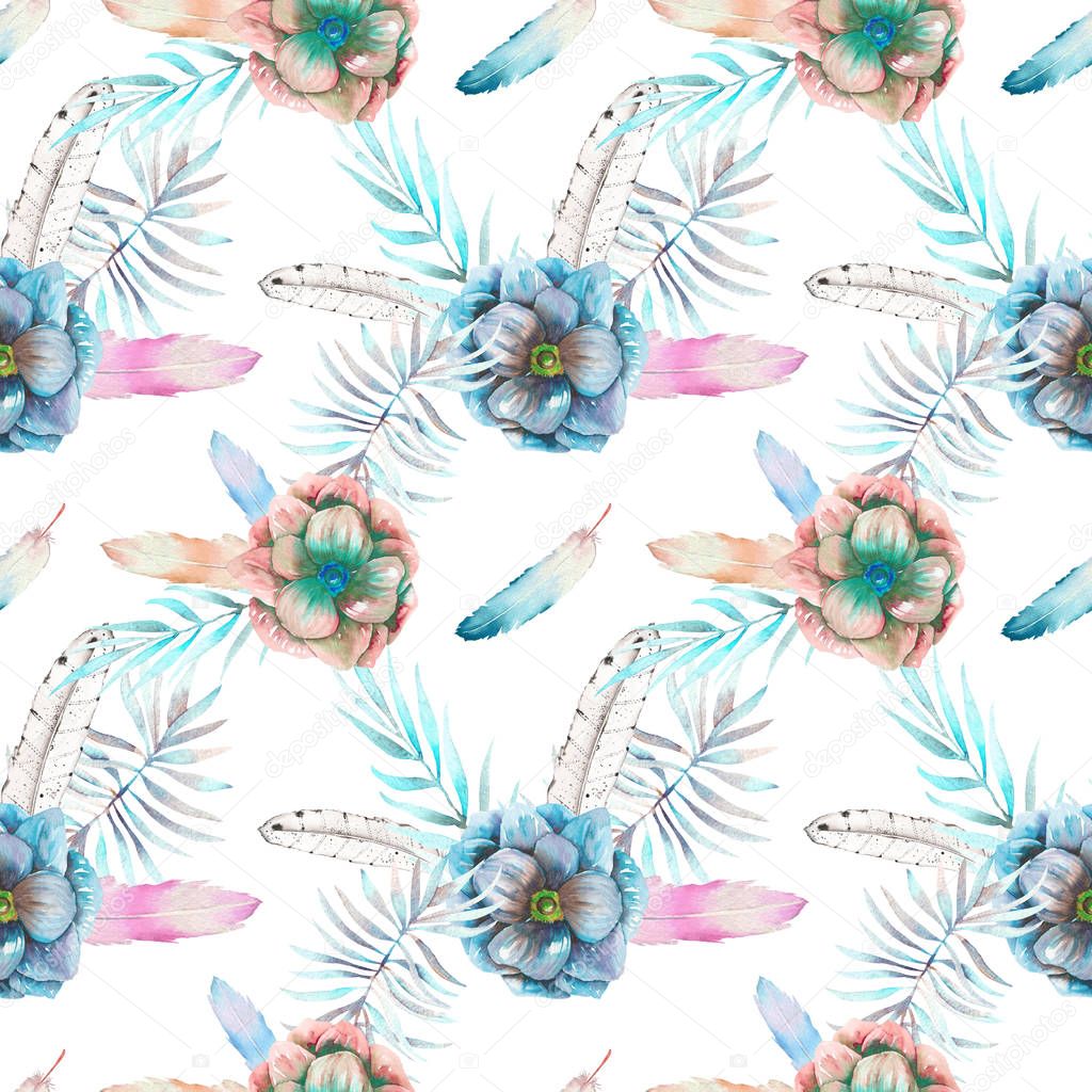 Seamless pattern with the watercolor anemone flowers, feathers and blue branches