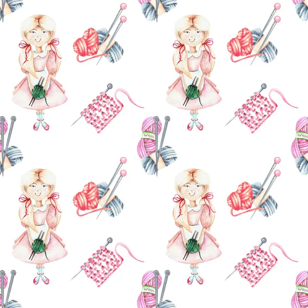 원활한 패턴 수채화 소녀, 원사와 뜨개질 바늘 — 스톡 사진