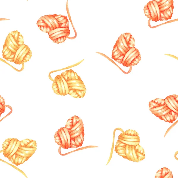 毛糸の玉を水彩の黄色と赤のハートのシームレス パターン — ストック写真