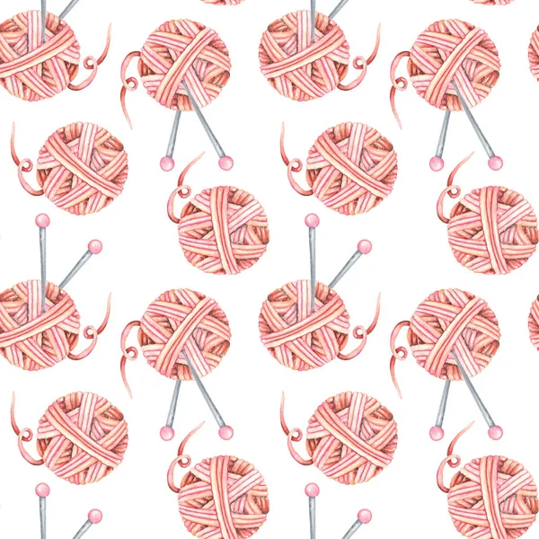 Seamless pattern with watercolor knitting elements: pink yarn and knitting needles