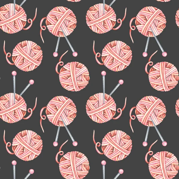 Seamless pattern with watercolor knitting elements: pink yarn and knitting needles — Stock Photo, Image