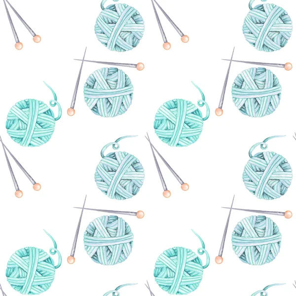 Seamless pattern with watercolor knitting elements: blue yarn and knitting needles — Stock Photo, Image