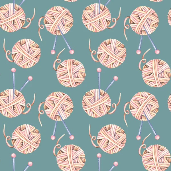 Seamless pattern with watercolor knitting elements: pink yarn and knitting needles — Stock Photo, Image