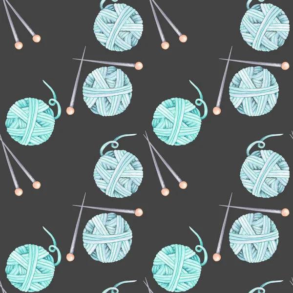 Seamless pattern with watercolor knitting elements: blue yarn and knitting needles — Stock Photo, Image