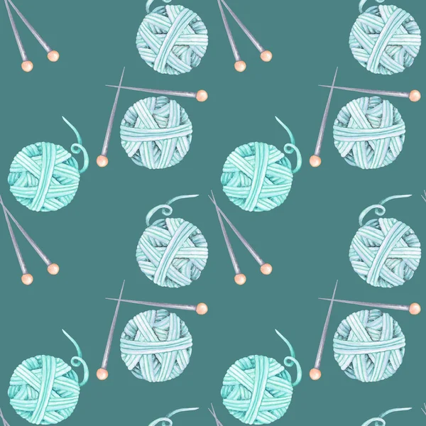 Seamless pattern with watercolor knitting elements: blue yarn and knitting needles — Stock Photo, Image