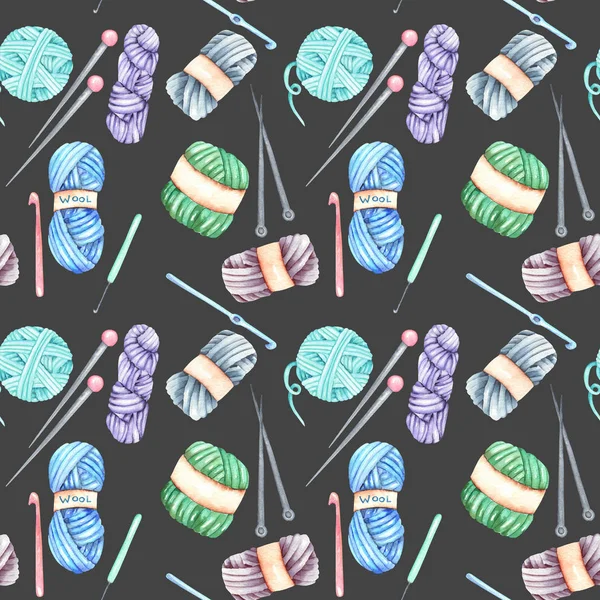 Seamless pattern with watercolor knitting elements: yarn, knitting needles and crochet hooks — Stock Photo, Image