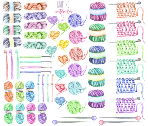 Set, collection with watercolor knitting elements: yarn, knitting needles and crochet hooks — Stock Photo, Image