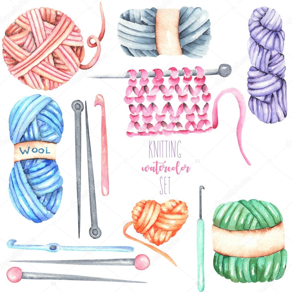 Set, collection with watercolor knitting elements: yarn, knitting needles and crochet hooks