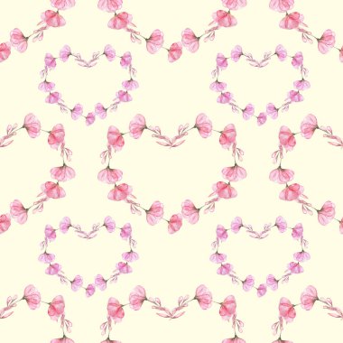 Pembe çiçekler suluboya kalpleri ile Seamless Modeli