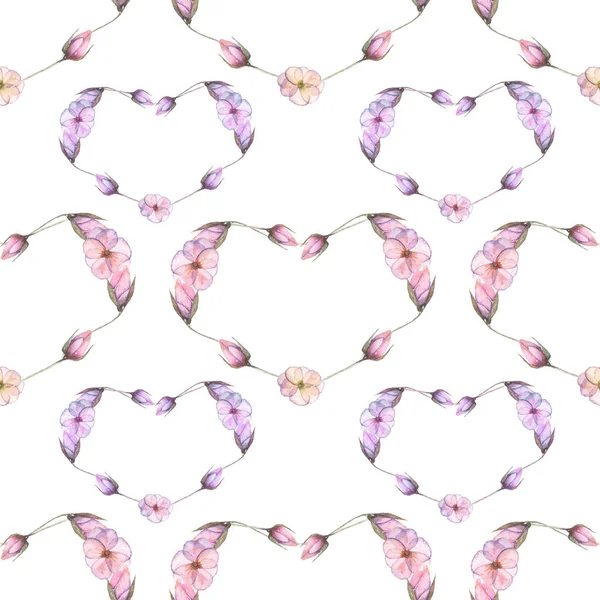 Бесшовный узор с акварелью сердца розовые и фиолетовые цветы — стоковое фото
