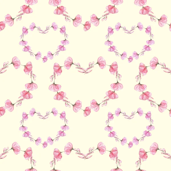 Seamless mönster med akvarell hjärtan rosa blommor — Stockfoto