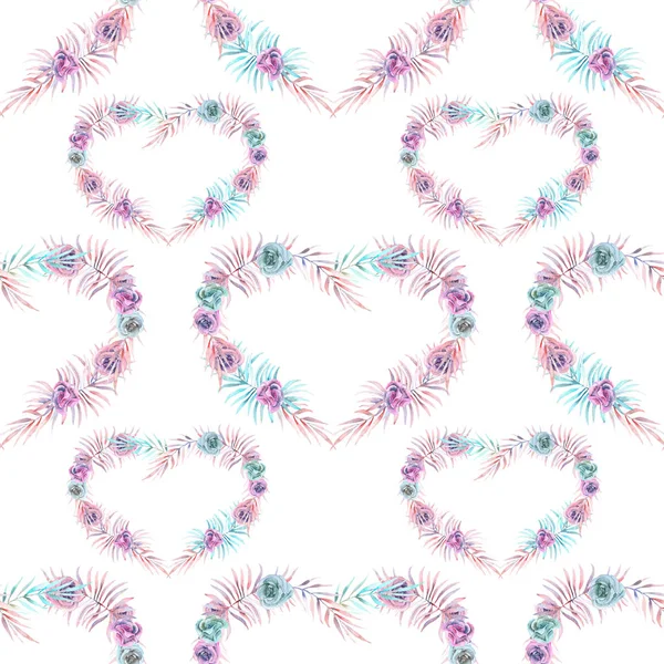Seamless pattern with watercolor hearts of pink, mint and purple flowers — Stock Photo, Image