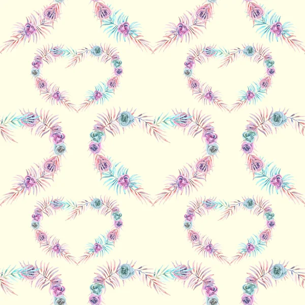 Seamless pattern with watercolor hearts of pink, mint and purple flowers — Stock Photo, Image