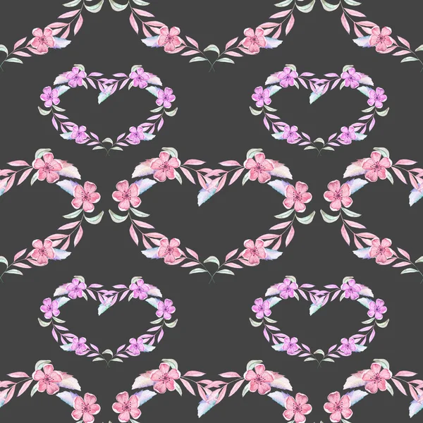Patrón sin costuras con corazones de acuarela de flores rosadas y púrpuras —  Fotos de Stock
