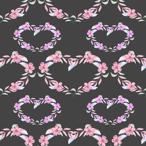 Seamless pattern with watercolor hearts of pink and purple flowers — Stock Photo, Image