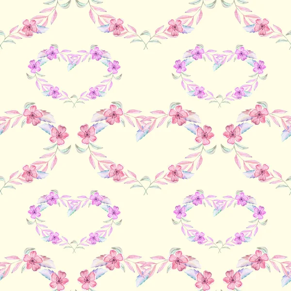 Seamless pattern with watercolor hearts of pink and purple flowers — Stock Photo, Image