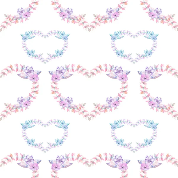 Seamless pattern with watercolor hearts of pink and purple flowers — Stock Photo, Image