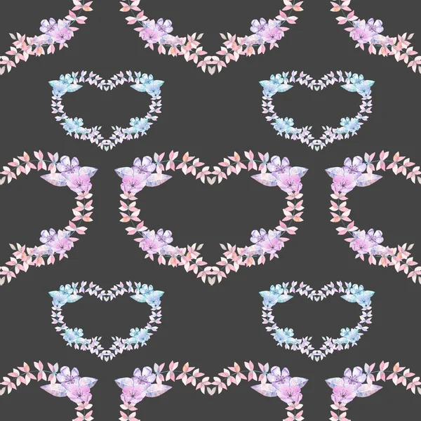 Seamless pattern with watercolor hearts of pink and purple flowers — Stock Photo, Image