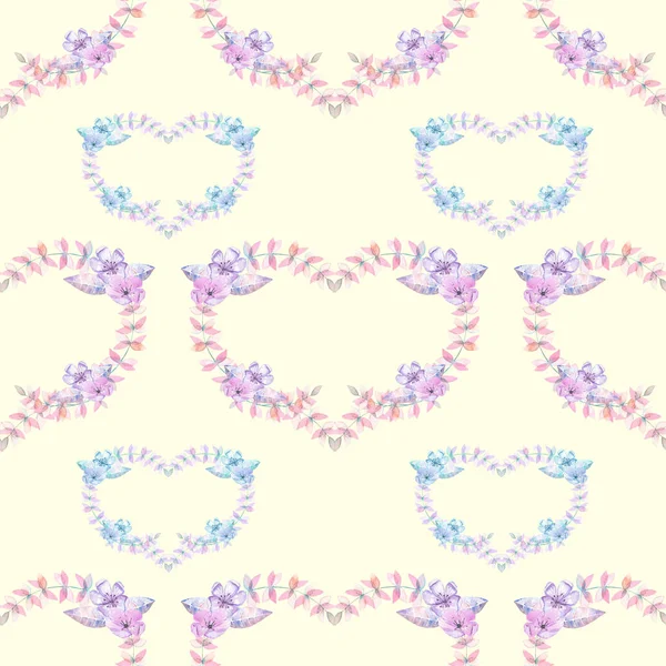 Nahtloses Muster mit Aquarellherzen aus rosa und lila Blüten — Stockfoto
