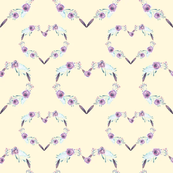 Seamless pattern with watercolor hearts of purple flowers — Stock Photo, Image