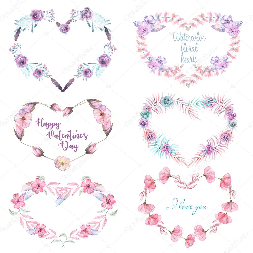Illustration set, collection of wreaths with watercolor heart of pink and purple flowers