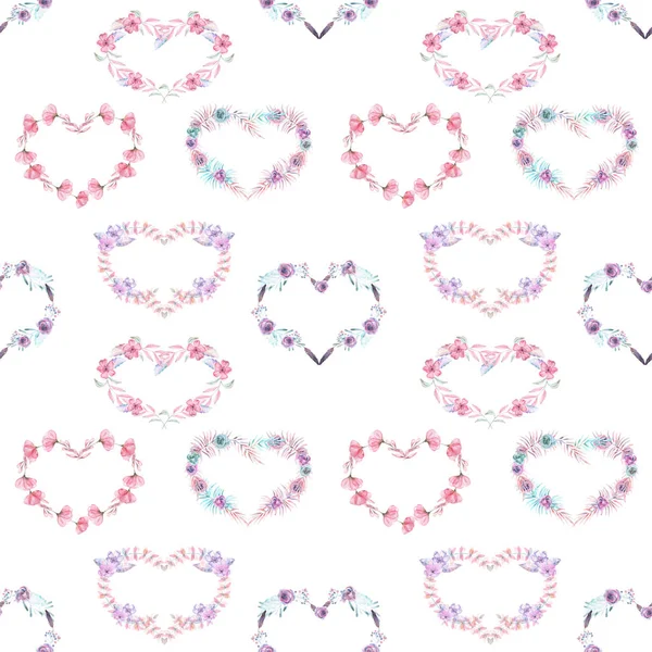 Seamless pattern with watercolor hearts of pink and purple flowers — Stock Photo, Image