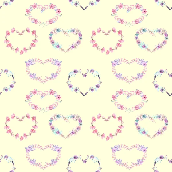 Patrón sin costuras con corazones de acuarela de flores rosadas y púrpuras — Foto de Stock