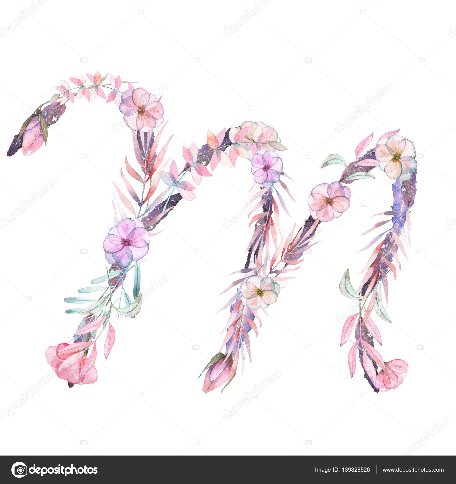 Letra M De Acuarela Flores Color Rosas Y Púrpuras Foto De