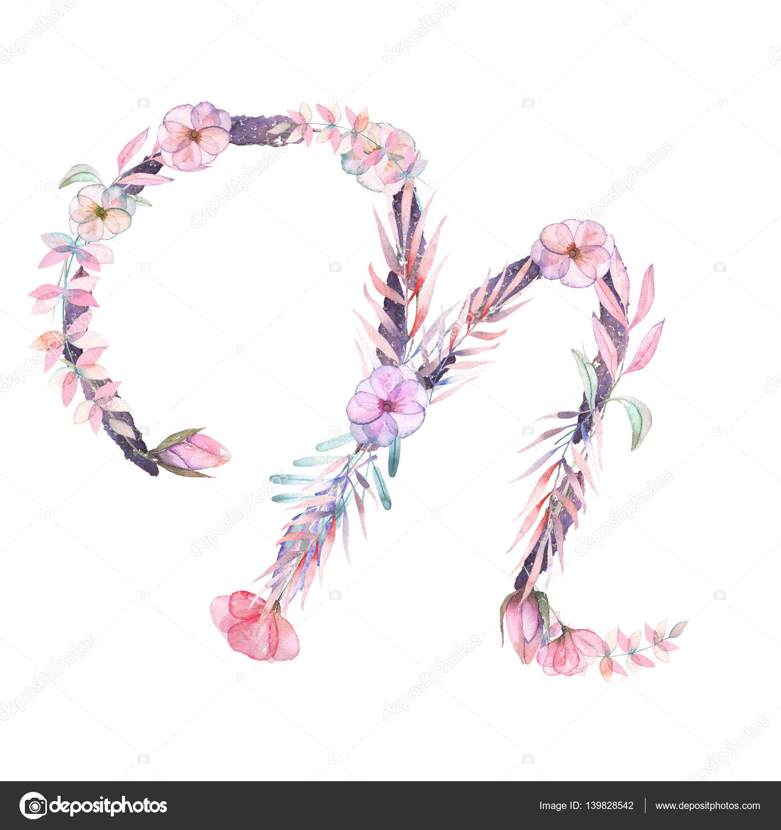 Letra N De Acuarela Flores Color Rosas Y Púrpuras Fotos De