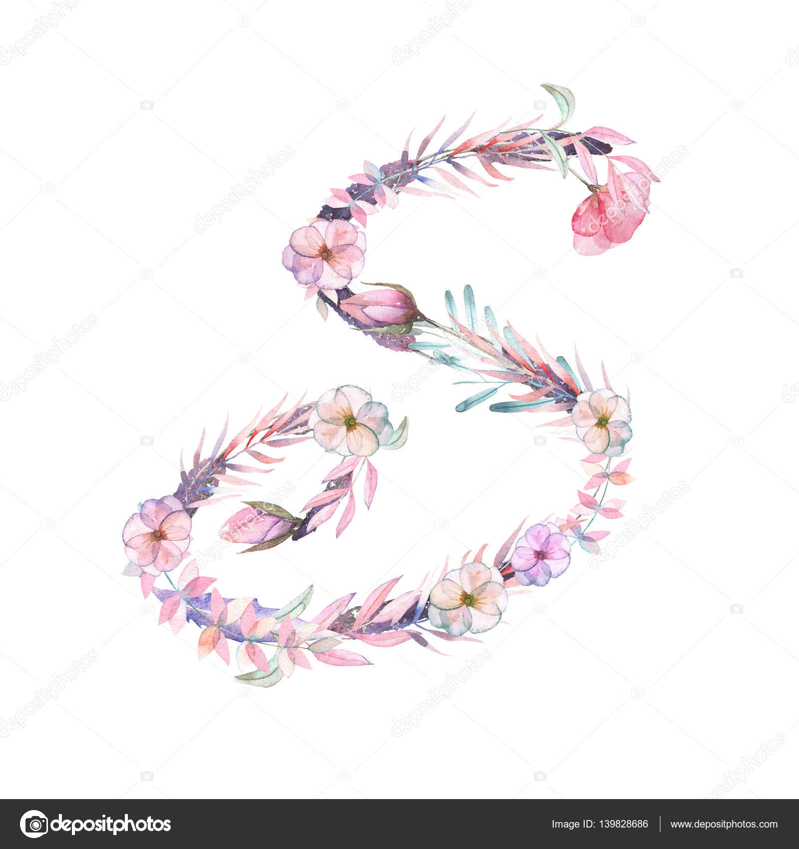 Letra S De Acuarela Flores Color Rosas Y Púrpuras Foto De