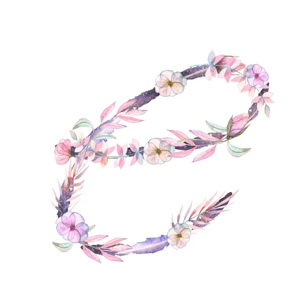 Großbuchstabe e der Aquarell rosa und lila Blumen — Stockfoto