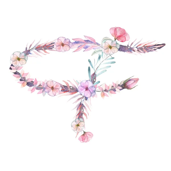 Κεφαλαίο γράμμα F ακουαρέλα ροζ και μοβ λουλούδια — Φωτογραφία Αρχείου