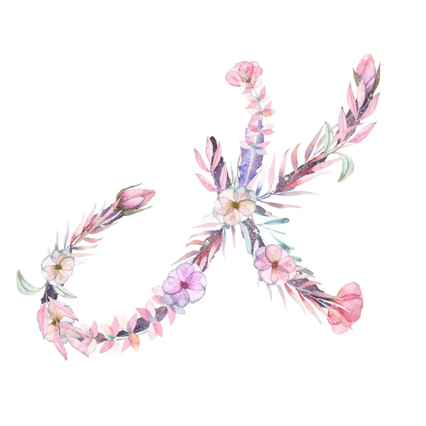 Hoofdletter K van aquarel roze en paarse bloemen — Stockfoto