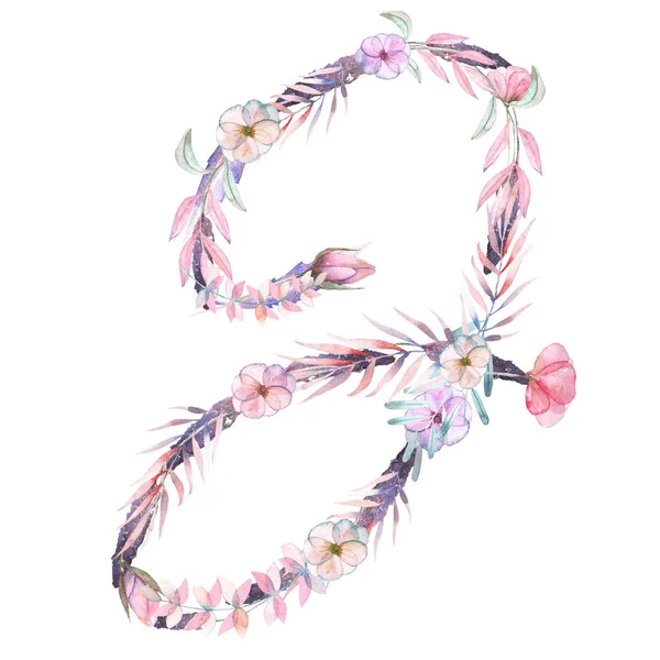 Nagybetű J akvarell rózsaszín és lila virágok — Stock Fotó