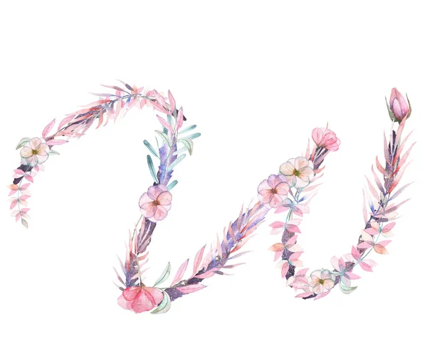 Großbuchstabe w der Aquarell rosa und lila Blumen — Stockfoto